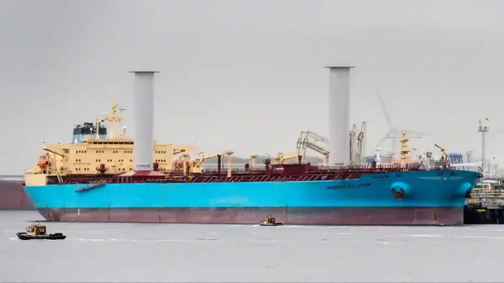 Maersk Pelican tanker equipped with two rotor sails for wind-assisted propulsion