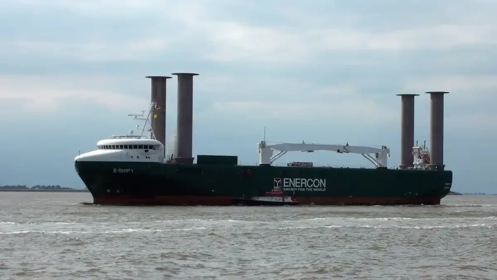 E-Ship 1 equipped with four rotor sails for wind-assisted propulsion