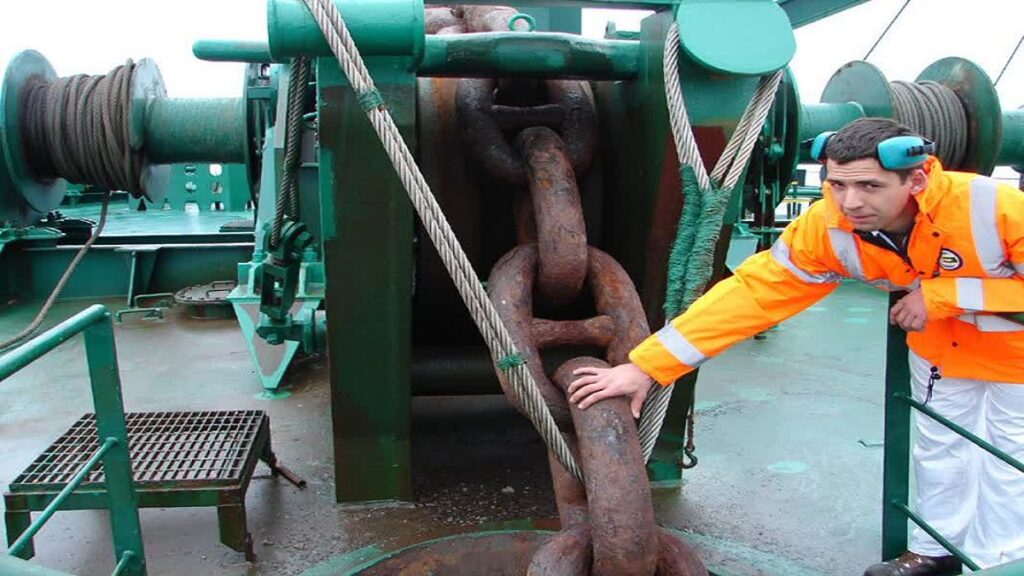 Forward mooring winch anchor chains and windlass equipment on an oil tanker