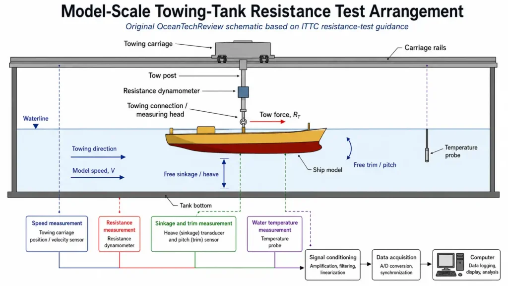 Schematic of a model-scale towing-tank resistance test with carriage, dynamometer, sinkage and trim measurement, and data acquisition