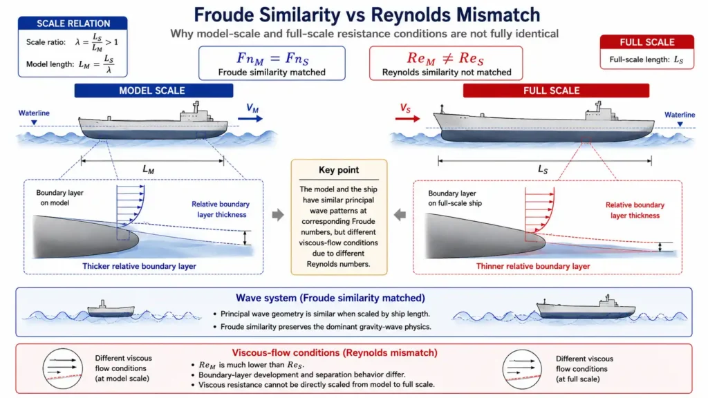 Froude similarity and Reynolds mismatch between a ship model and full-scale ship showing similar wave patterns and different relative boundary-layer thicknesses