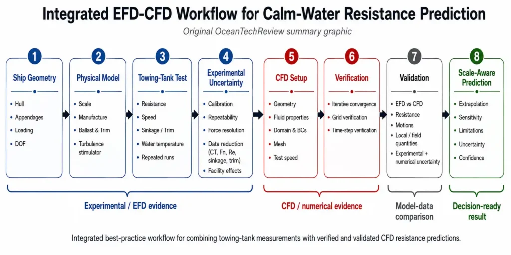 Integrated EFD-CFD workflow from ship geometry and towing-tank testing through CFD verification, validation, and scale-aware resistance prediction