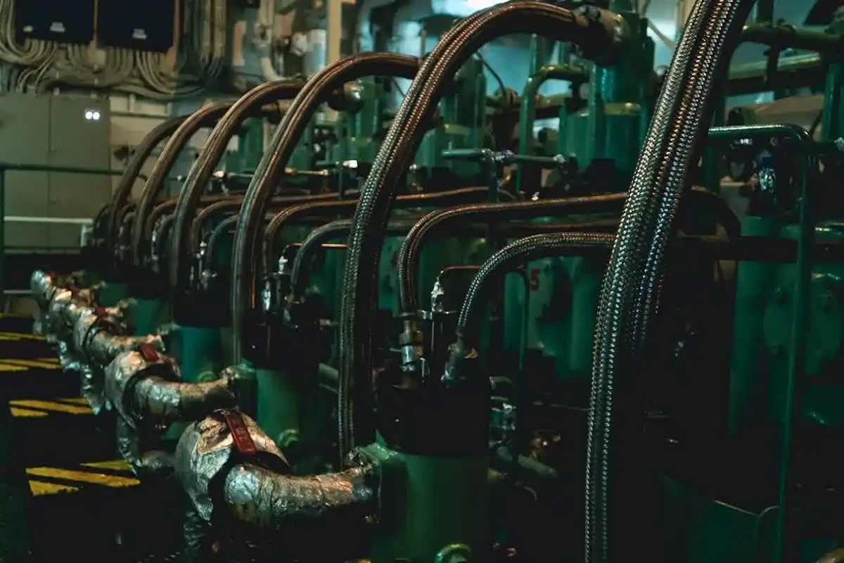 Marine Machinery & Ship Systems main engine and piping inside a ship engine room