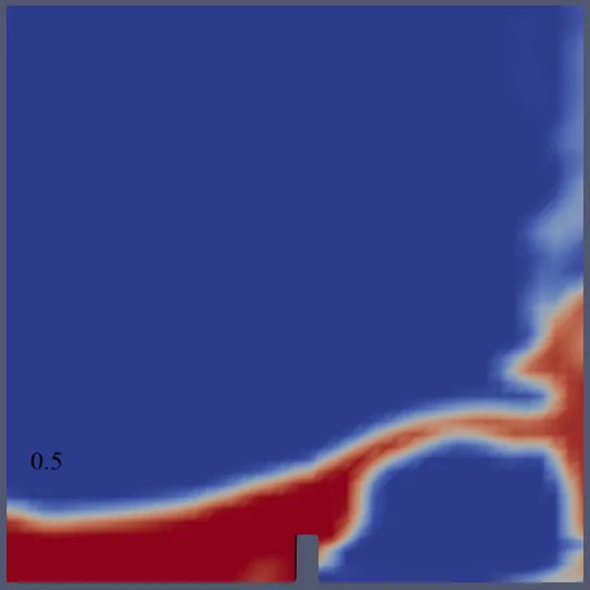 damBreakLaminar alpha.water at 0.5 seconds with the advancing water reaching the right wall