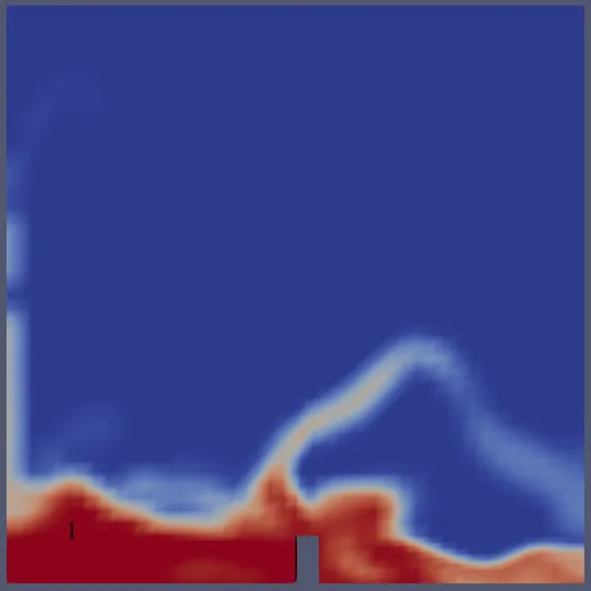 damBreakLaminar alpha.water at 1 second showing the redistributed water and a deformed free surface