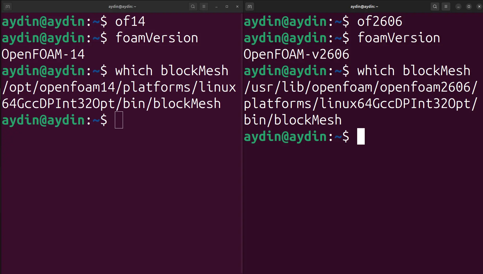 Two Ubuntu terminals showing OpenFOAM 14 and OpenFOAM v2606 running in separate environments