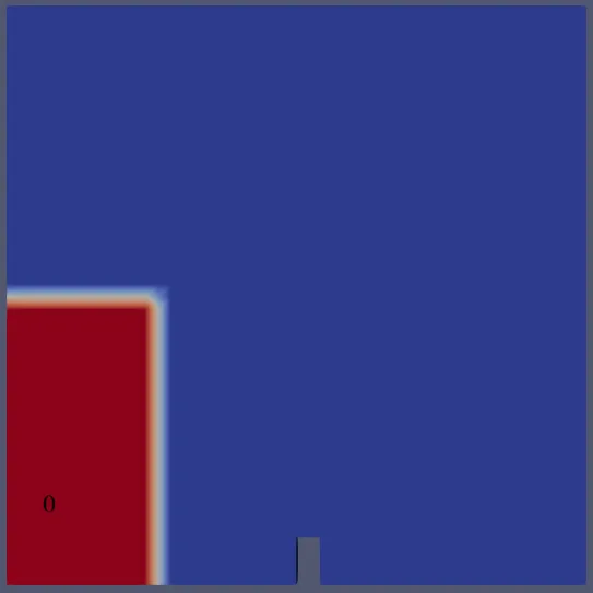 damBreakLaminar alpha.water at 0 seconds with the initial water column on the left