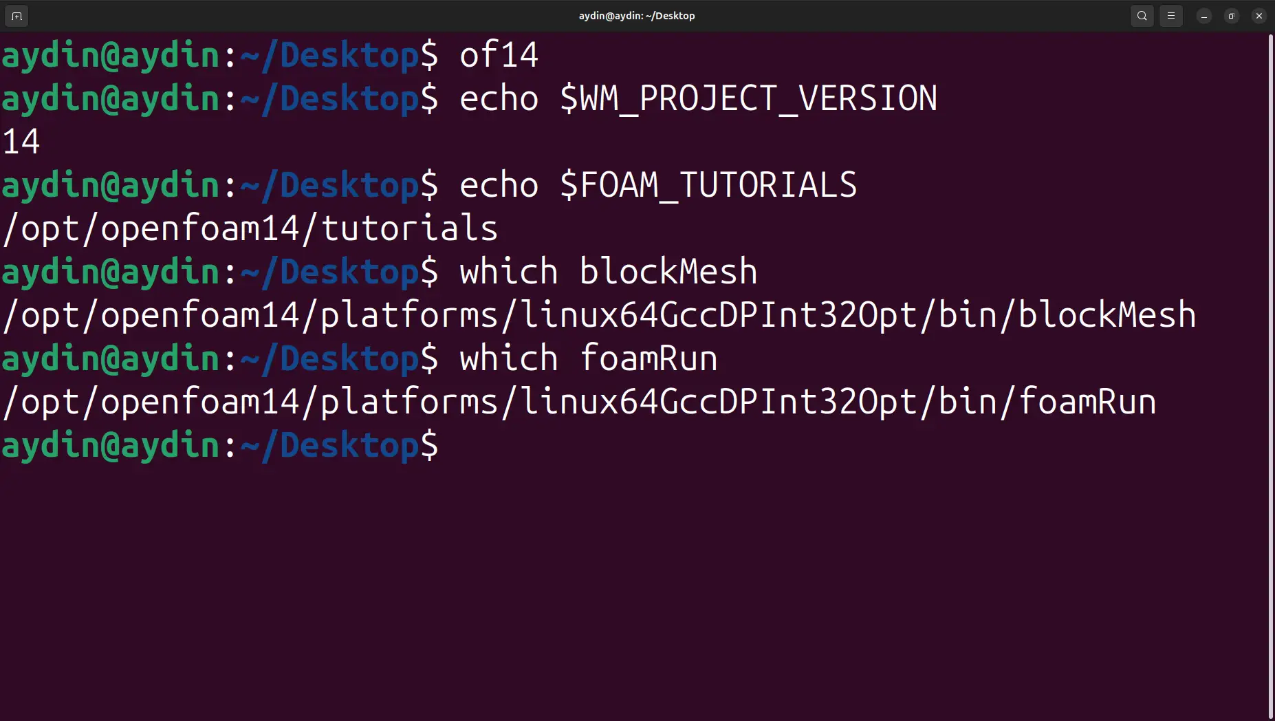 Ubuntu terminal verifying OpenFOAM 14 version project directory tutorials path and blockMesh