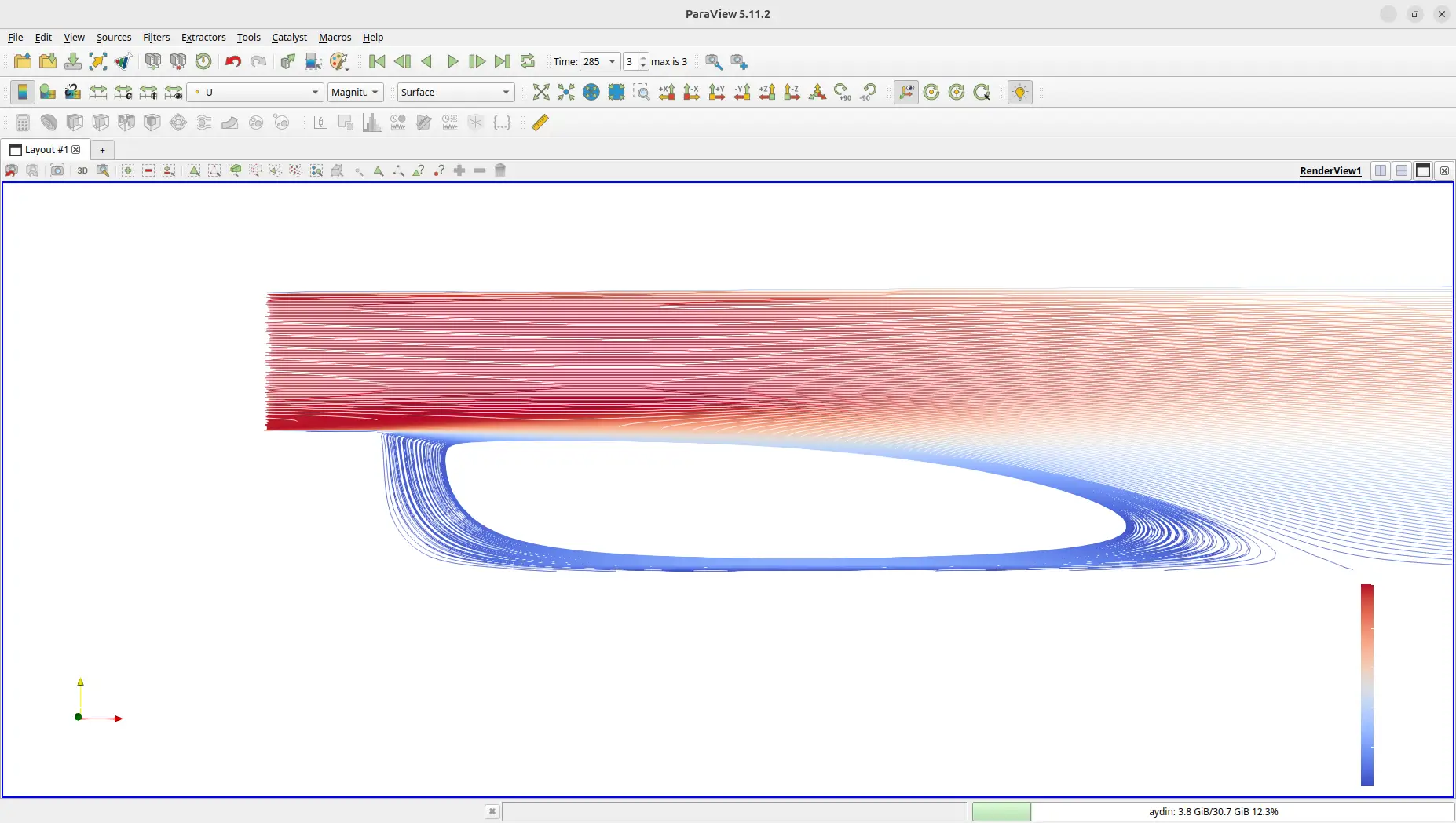 Velocity streamlines showing the recirculation region downstream of the backward-facing step in OpenFOAM 14