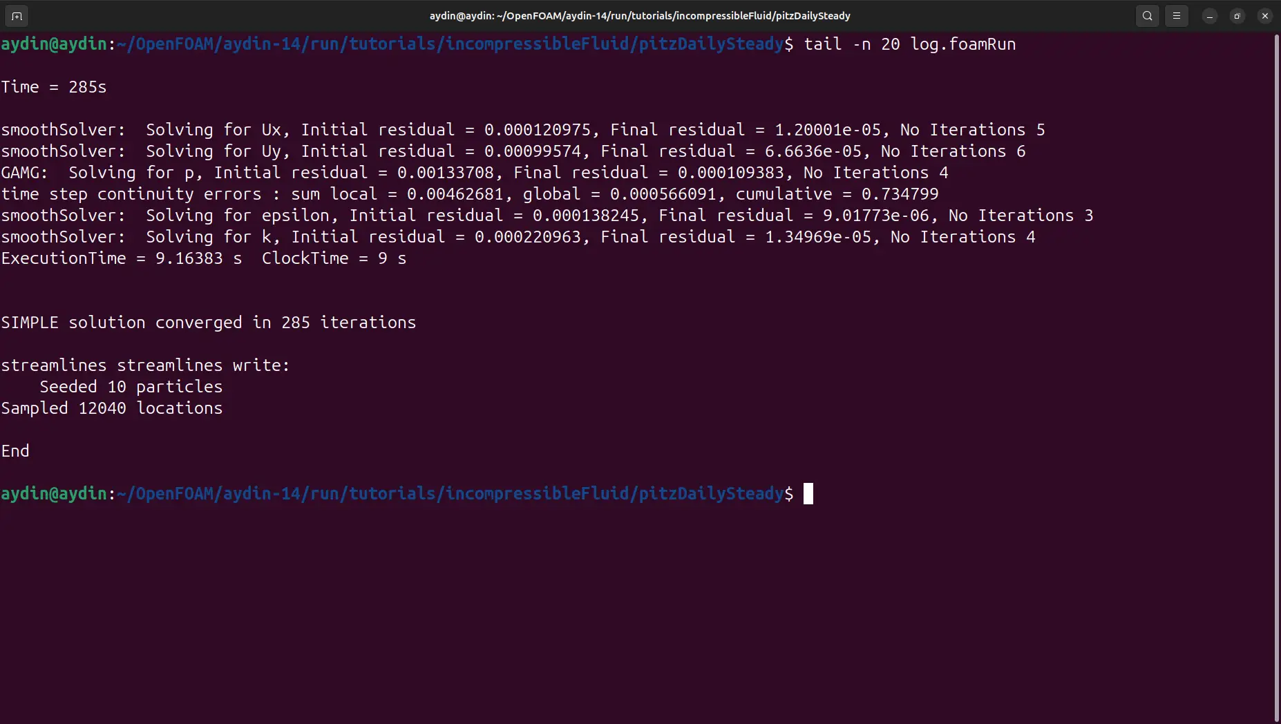 OpenFOAM 14 terminal showing the pitzDailySteady SIMPLE solution converged in 285 iterations