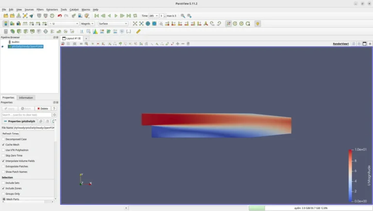 Velocity magnitude field for the pitzDailySteady backward-facing-step simulation in OpenFOAM 14