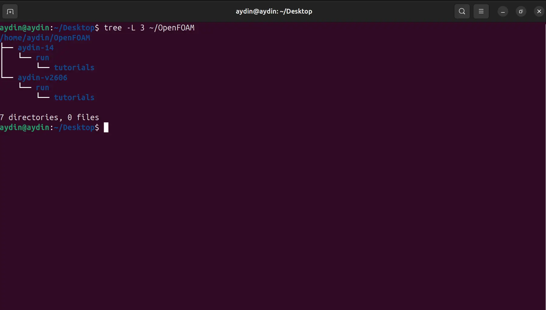 Ubuntu terminal showing separate tutorial directories for OpenFOAM 14 and v2606
