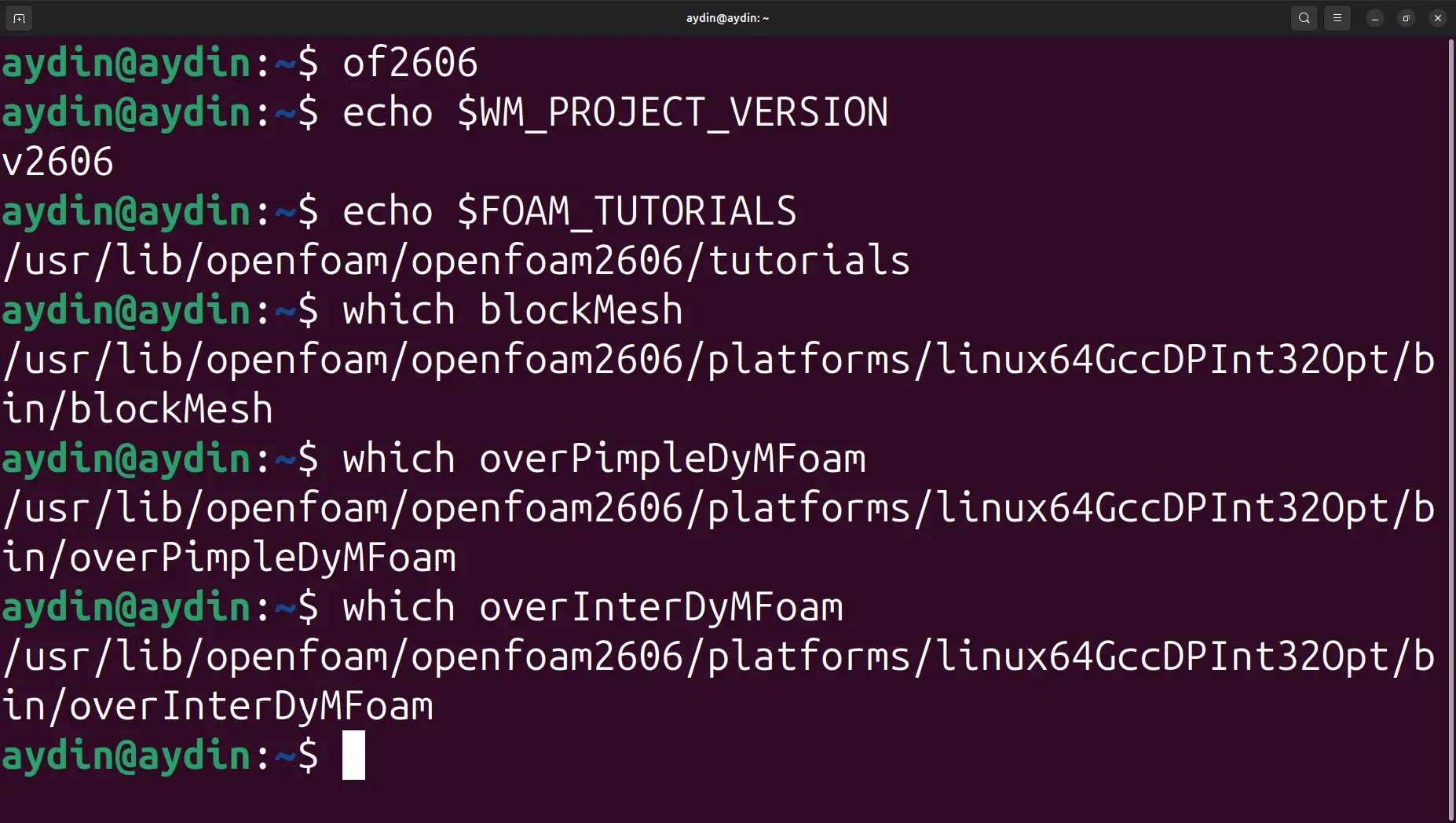 Ubuntu terminal verifying OpenFOAM v2606 and the overPimpleDyMFoam and overInterDyMFoam solvers