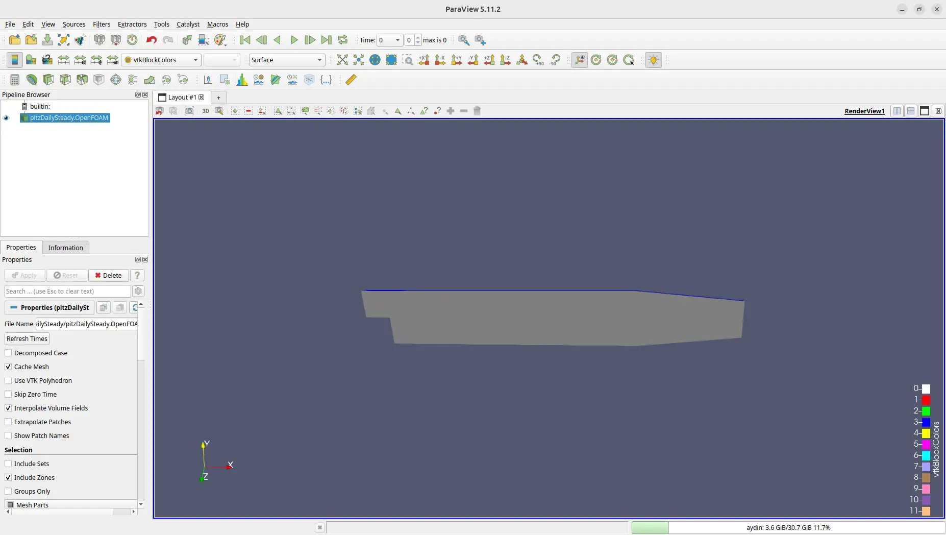pitzDailySteady backward-facing-step geometry displayed in ParaView before the OpenFOAM simulation