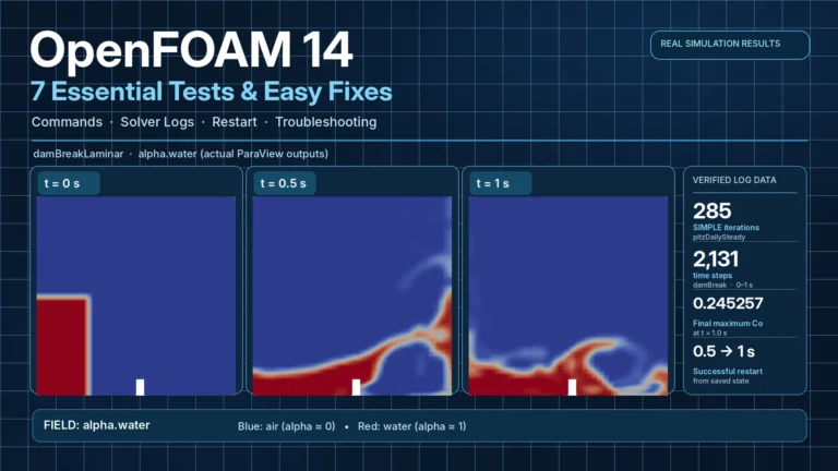 OpenFOAM 14 commands illustrated with actual damBreakLaminar water volume-fraction fields at 0, 0.5 and 1 second and verified solver results.