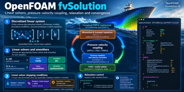 OpenFOAM fvSolution infographic showing linear solvers, PIMPLE pressure-velocity coupling, convergence controls, relaxation factors, and DTCHullMoving settings in Foundation 14