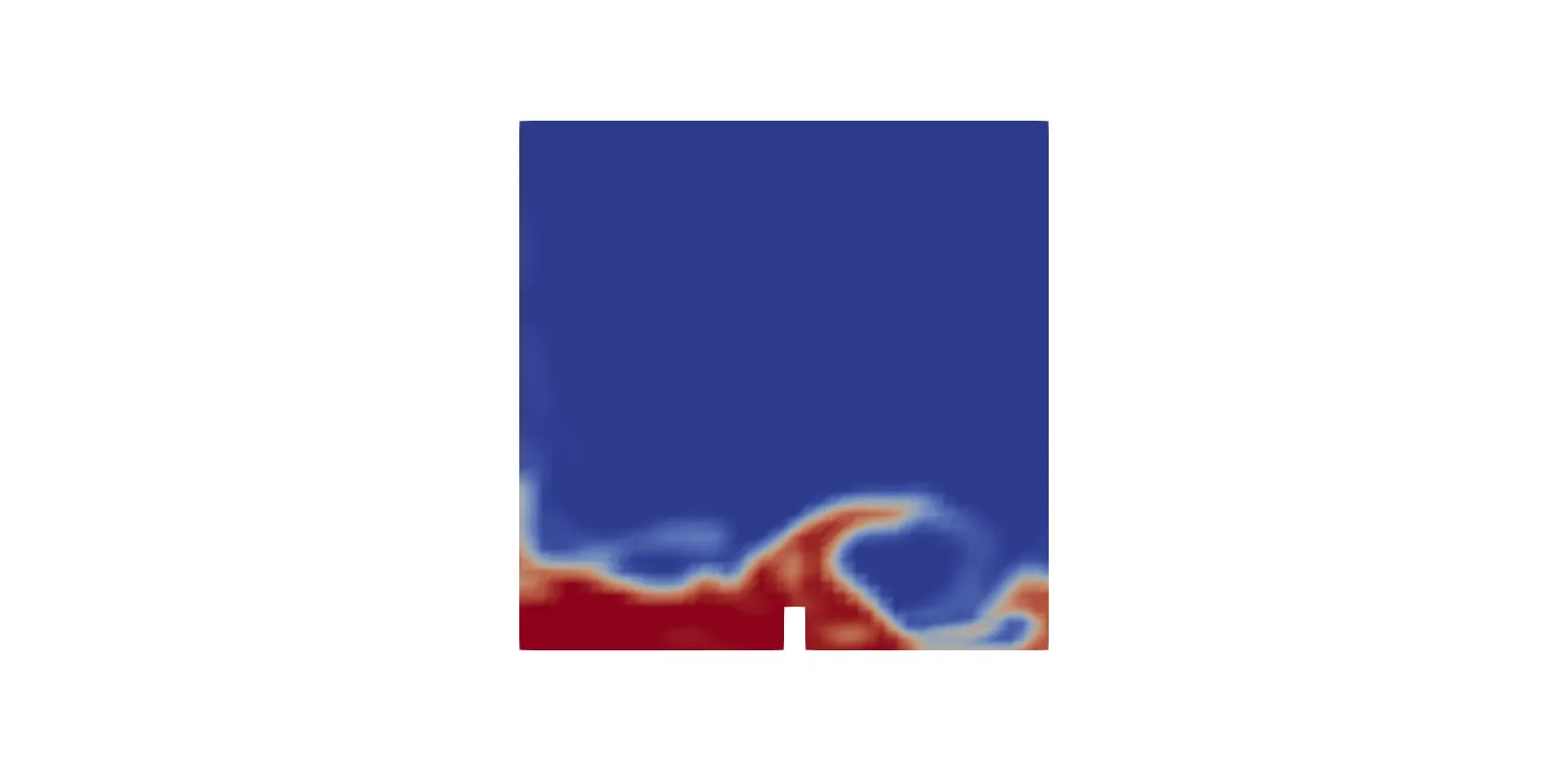 Two-phase water-air interface with developed flow structures around the bottom obstacle in the damBreakLaminar case at one second.