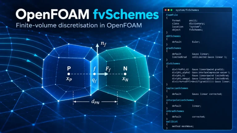 OpenFOAM fvSchemes finite-volume discretisation showing adjacent cells, face flux, gradient geometry, and the Foundation 14 fvSchemes dictionary